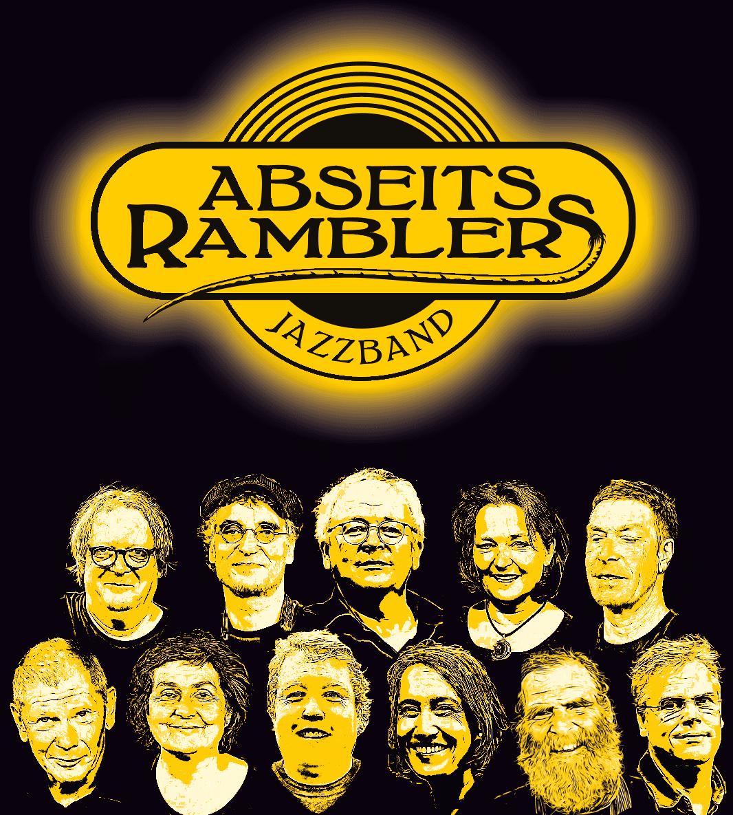 Die zehnköpfige Jazzband Abseits Ramblers in klassischer Besetzung mit Tuba, Banjo und Trompete auf der Bühne in Freising.