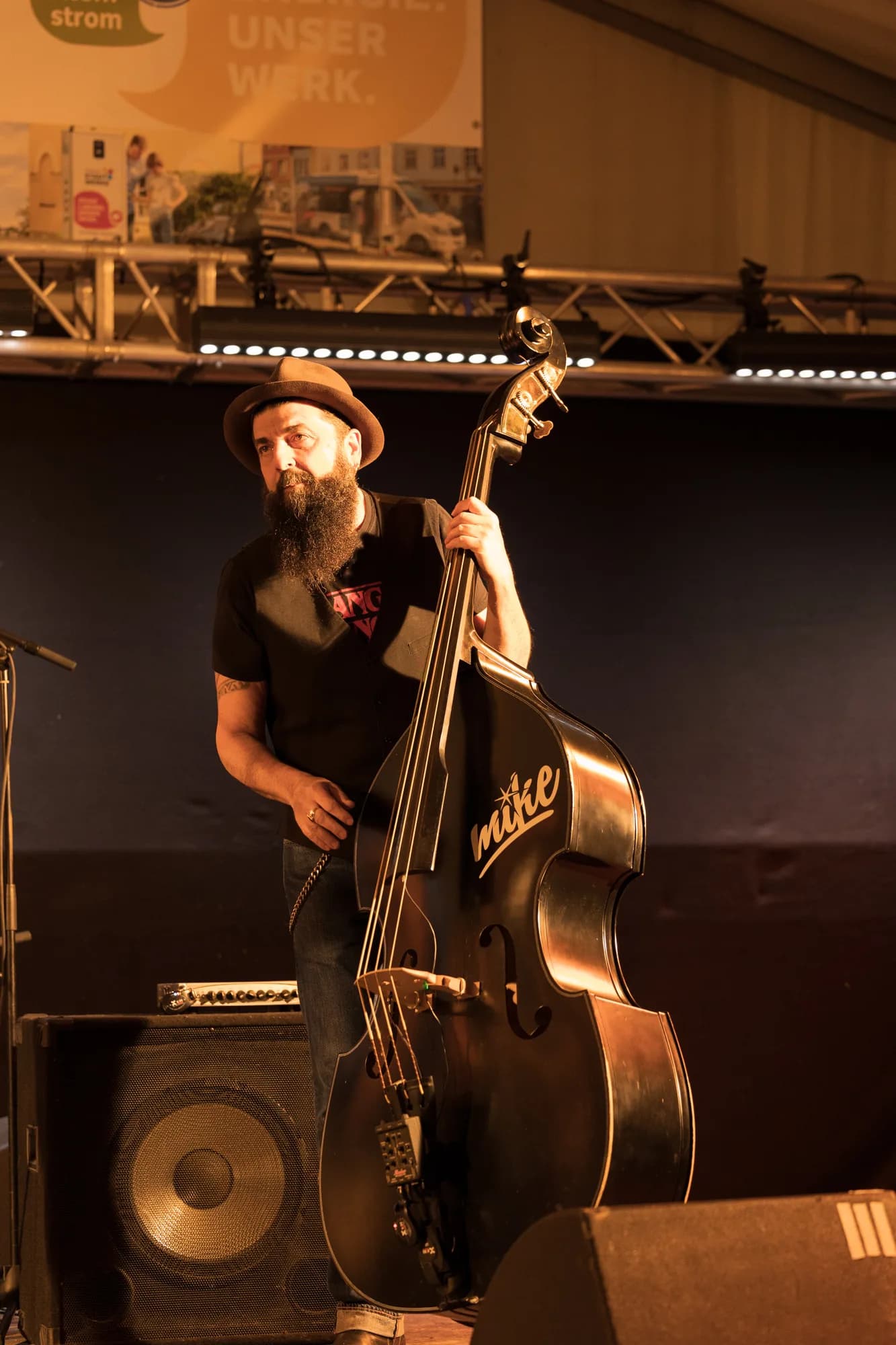 A bearded musician in a hat plays a double bass on stage under warm spotlights.