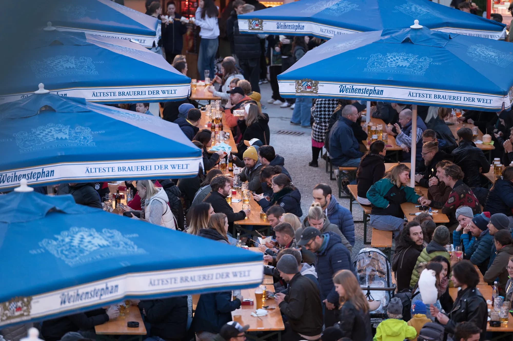 High angle view of a crowded beer garden with blue Weihenstephan umbrellas and guests sitting at long wooden tables.
