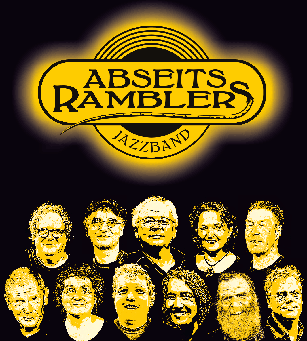 The ten-piece jazz band Abseits Ramblers in a classic lineup with tuba, banjo, and trumpet performing on stage in Freising.