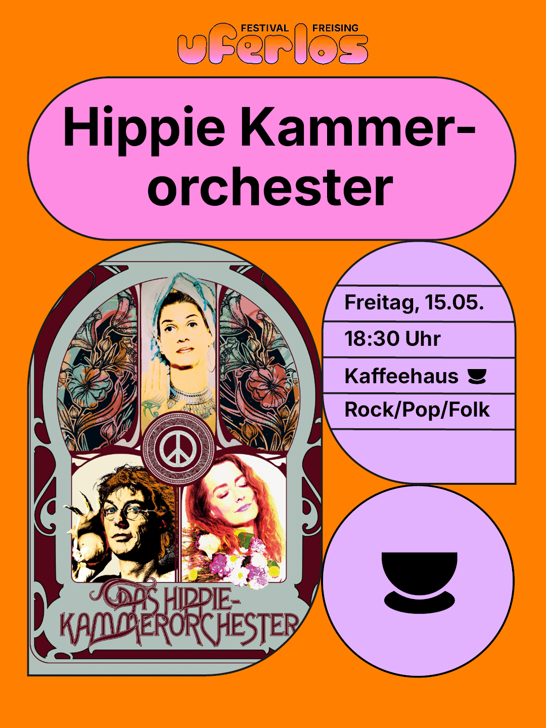 Hippie Kammerorchester auf der Bühne mit akustischen Instrumenten